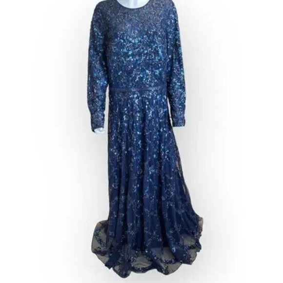 MAC DUGGAL 5496 BEADED LONG‎ SLEEVE A-LINE MIDNIGHT NAVY GOWN sz 4 NWT $698 - Picture 3 of 7